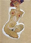 Egon Schiele Squatting feminine act painting